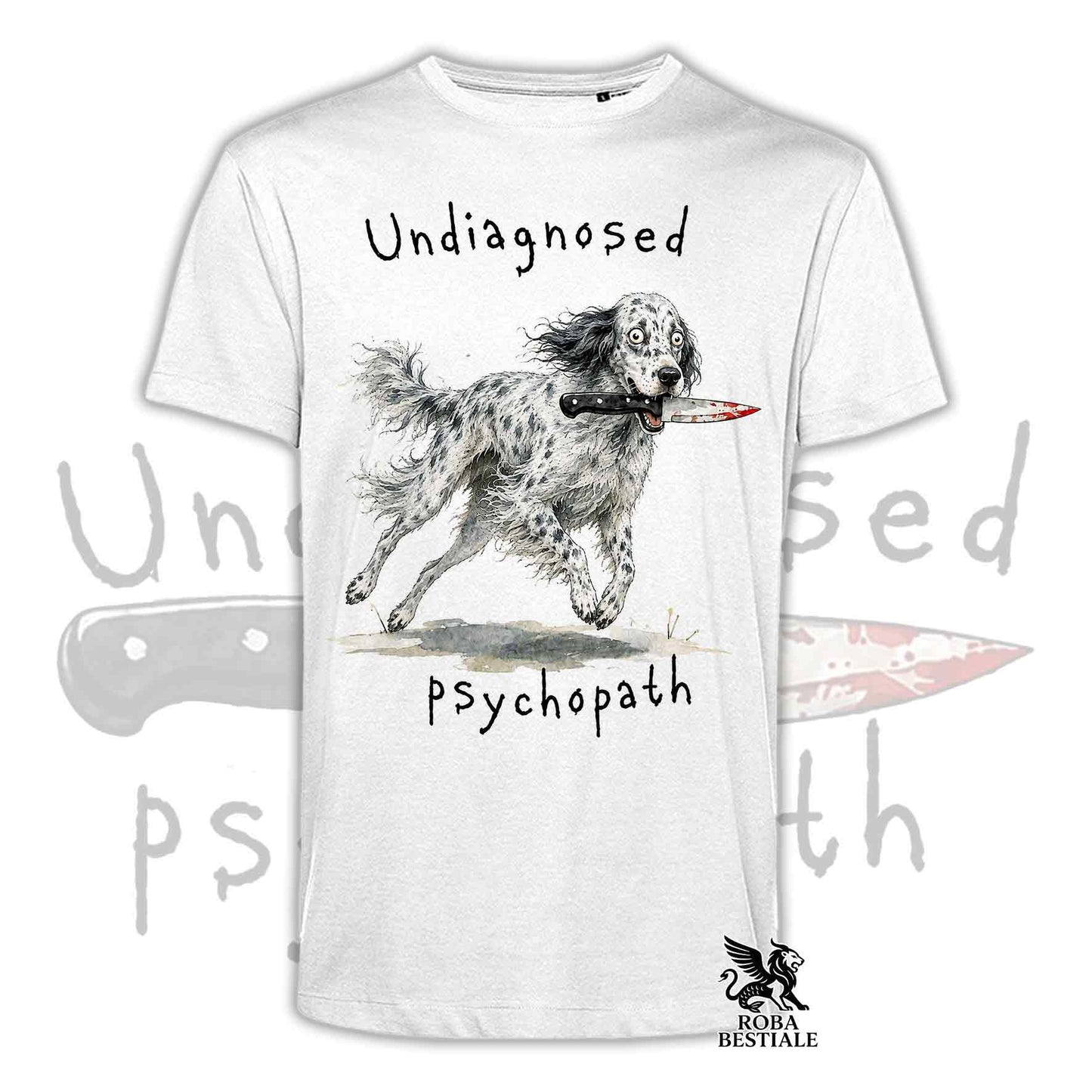 T-shirt bianca stampata con un Setter Inglese che tiene un coltello tra i denti. Grafica originale Roba Bestiale, collezione Psychopath