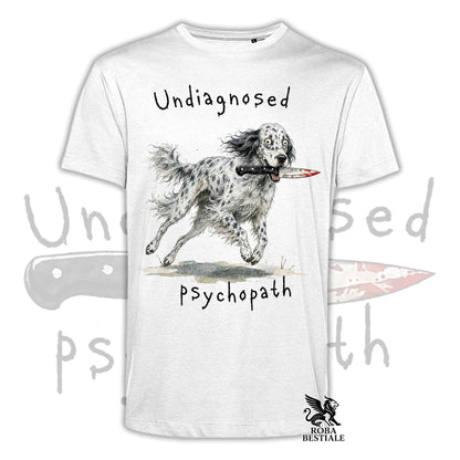 T-shirt bianca stampata con un Setter Inglese che tiene un coltello tra i denti. Grafica originale Roba Bestiale, collezione Psychopath
