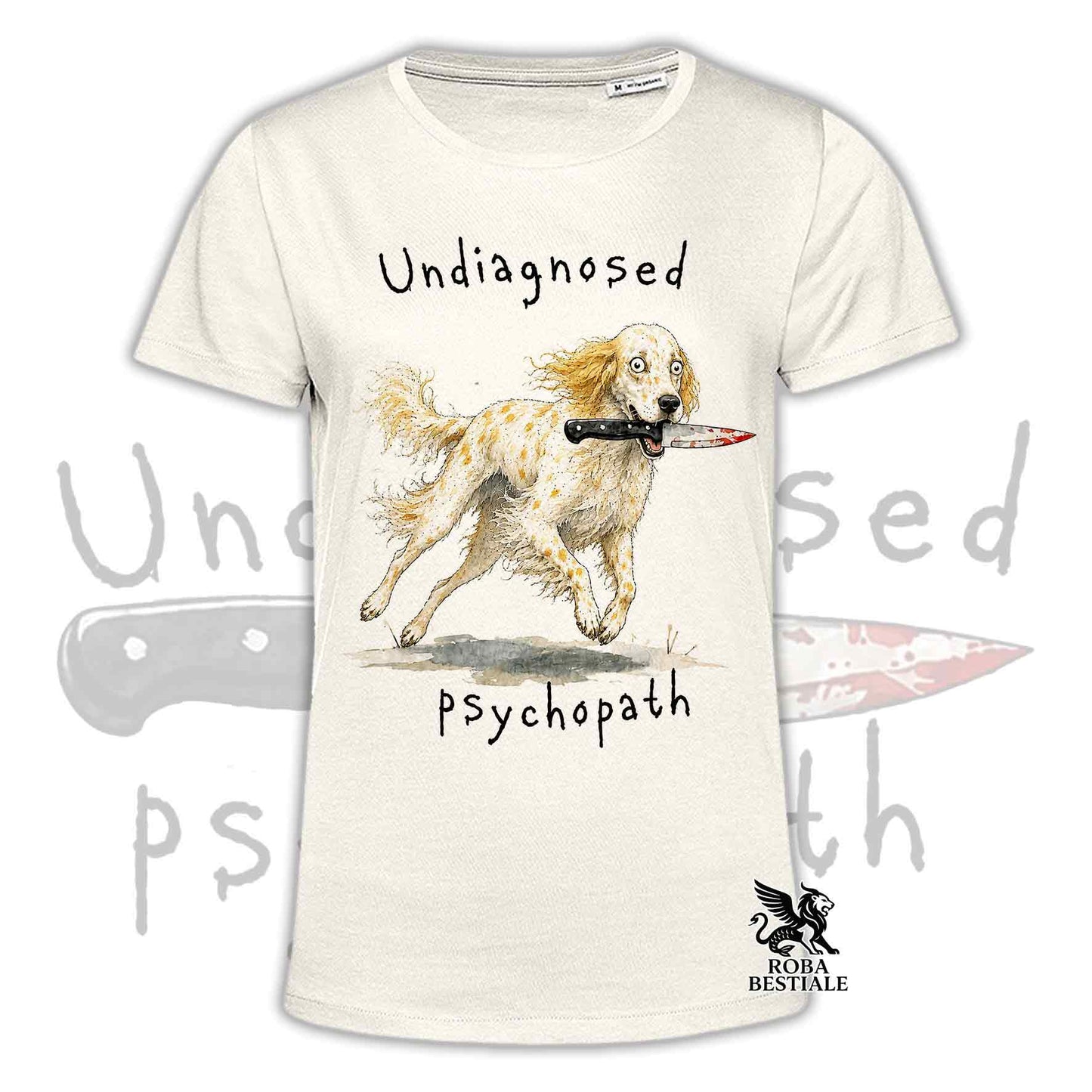 T-shirt beige stampata con un Setter Inglese che tiene un coltello tra i denti. Grafica originale Roba Bestiale, collezione Psychopath