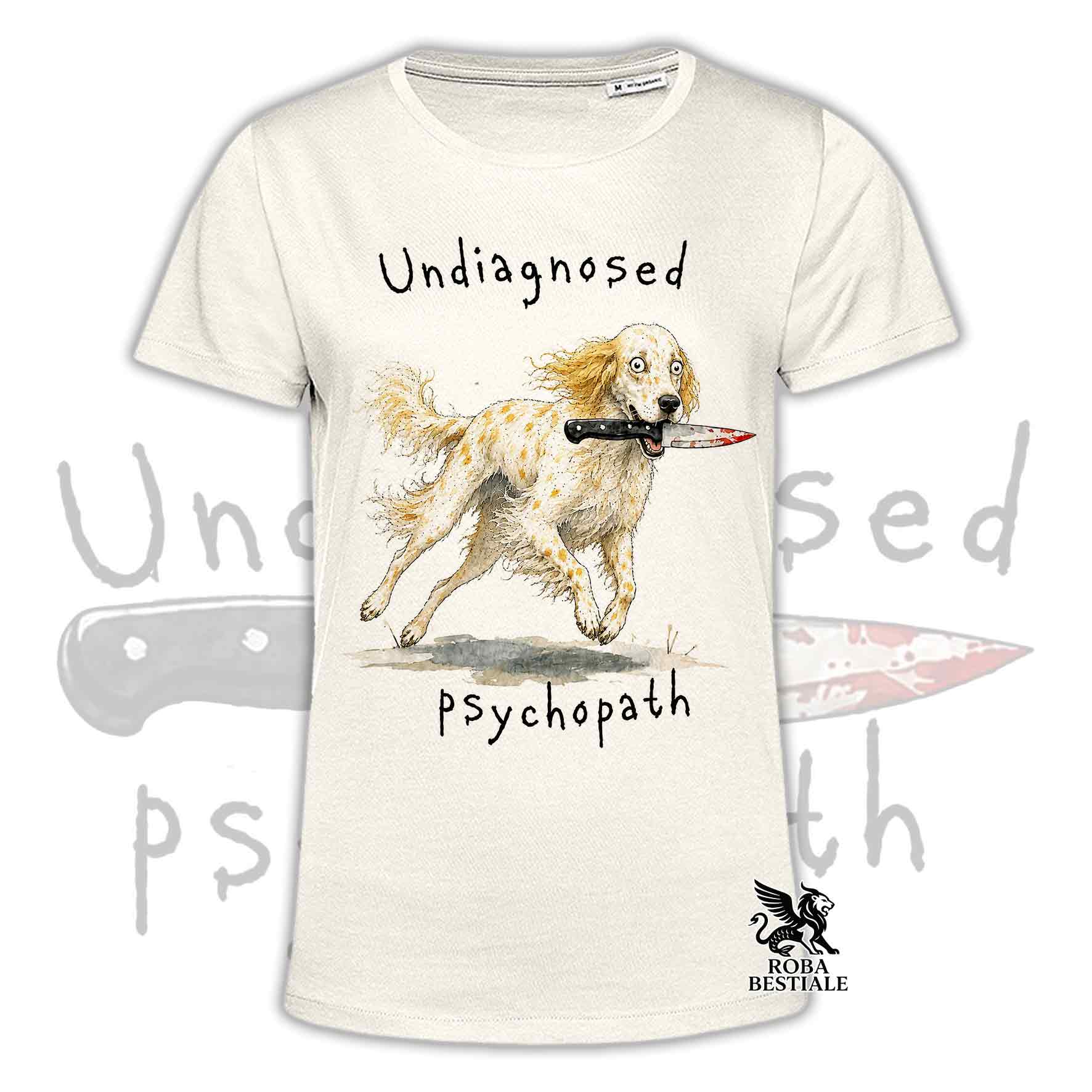 T-shirt beige stampata con un Setter Inglese che tiene un coltello tra i denti. Grafica originale Roba Bestiale, collezione Psychopath