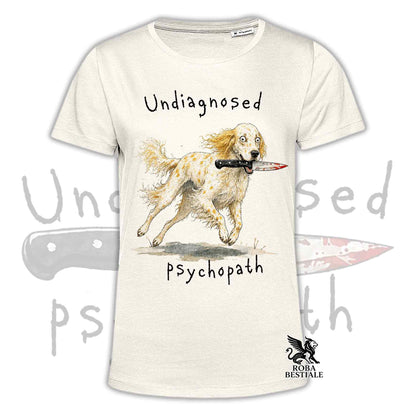 T-shirt beige stampata con un Setter Inglese che tiene un coltello tra i denti. Grafica originale Roba Bestiale, collezione Psychopath