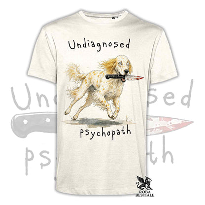 T-shirt beige stampata con un Setter Inglese che tiene un coltello tra i denti. Grafica originale Roba Bestiale, collezione Psychopath