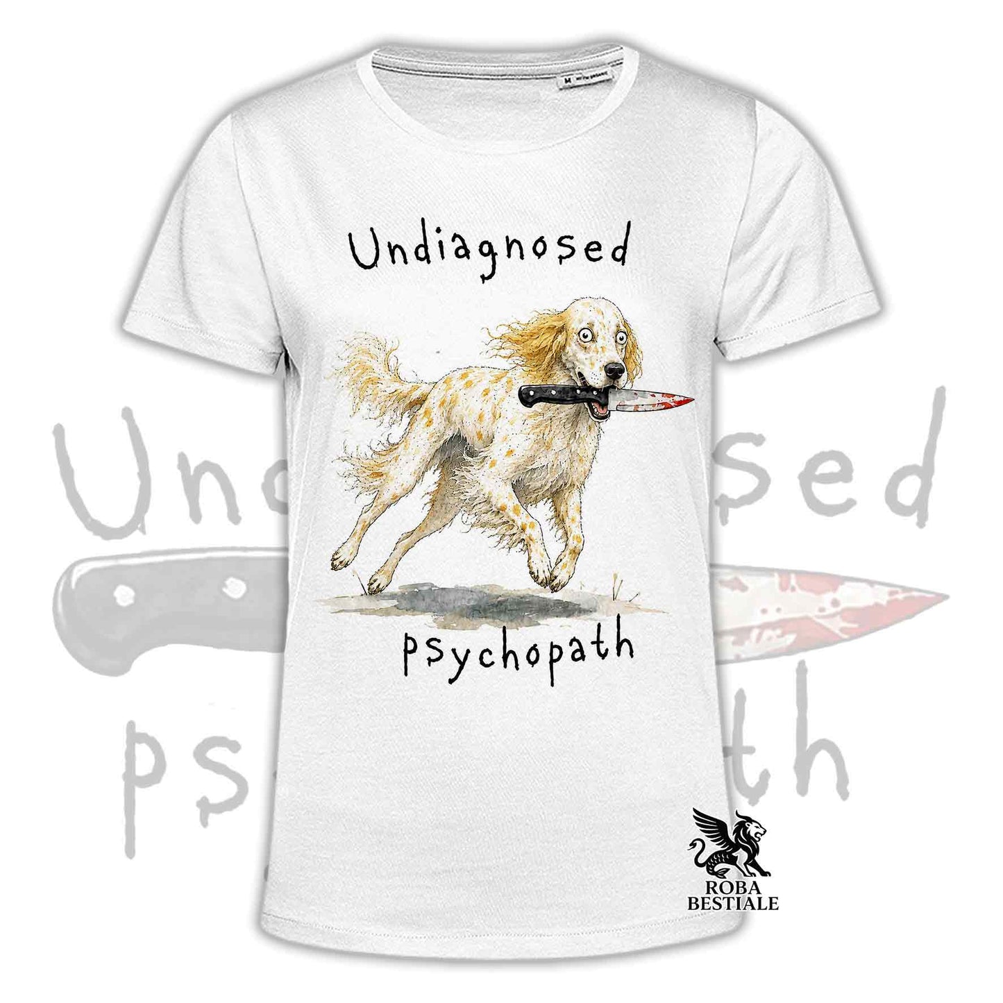 T-shirt bianca stampata con un Setter Inglese che tiene un coltello tra i denti. Grafica originale Roba Bestiale, collezione Psychopath
