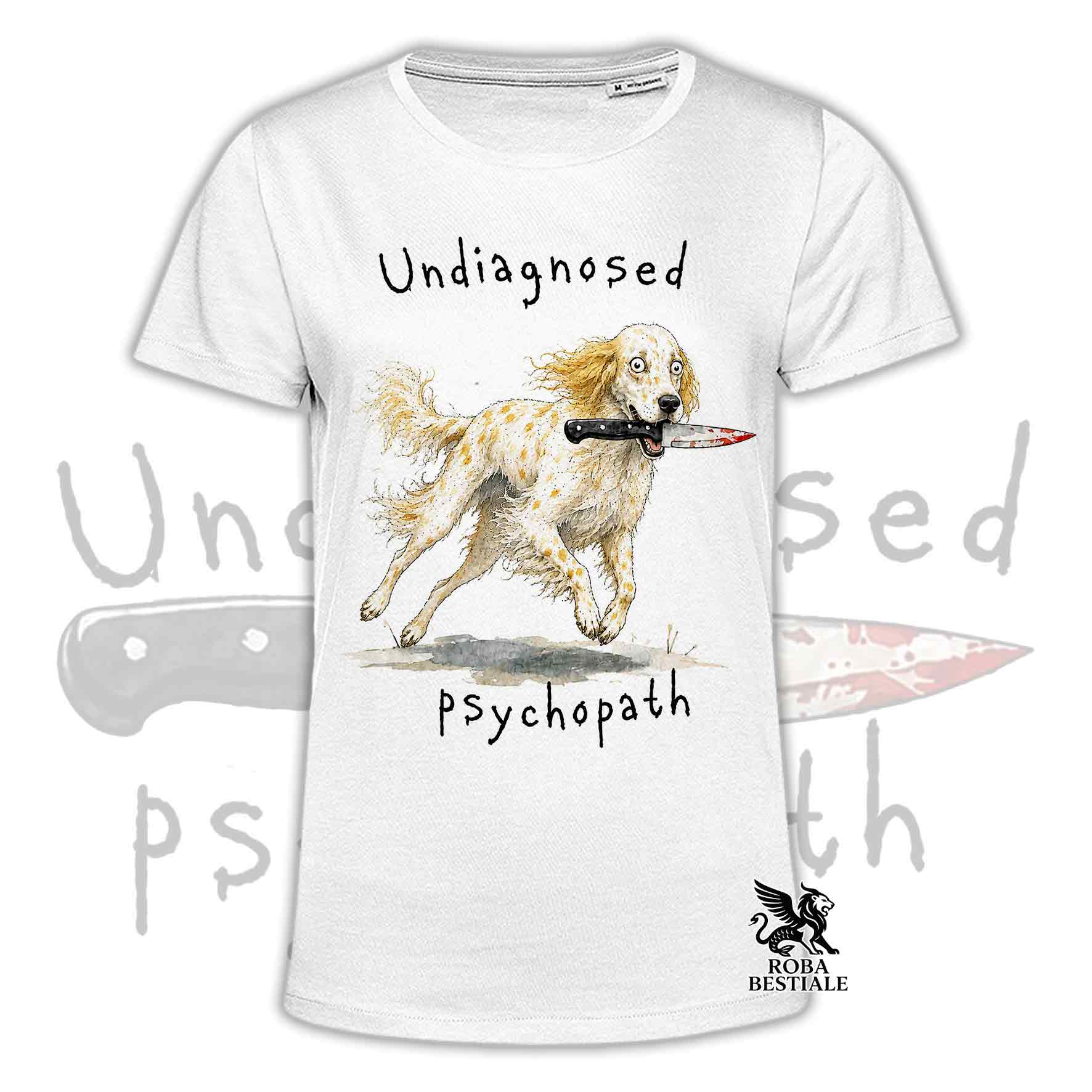 T-shirt bianca stampata con un Setter Inglese che tiene un coltello tra i denti. Grafica originale Roba Bestiale, collezione Psychopath