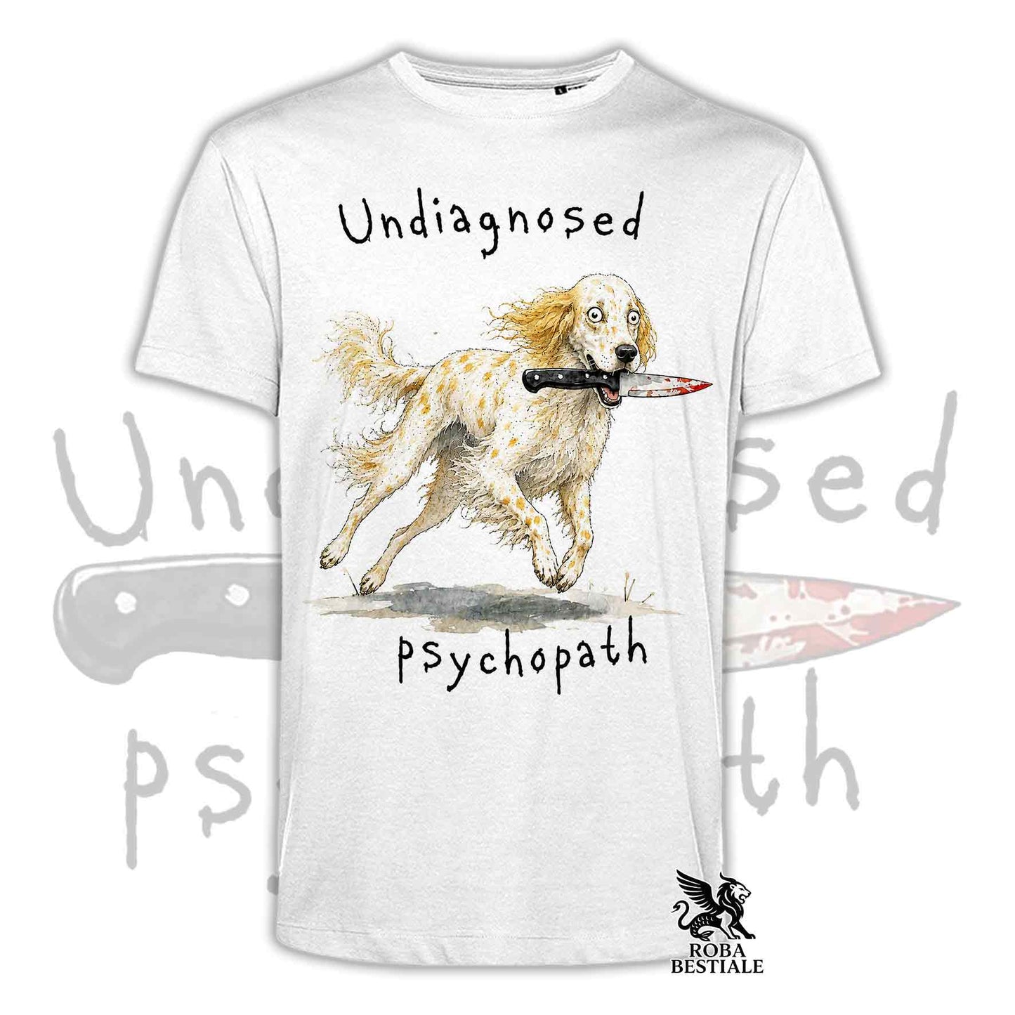T-shirt bianca stampata con un Setter Inglese che tiene un coltello tra i denti. Grafica originale Roba Bestiale, collezione Psychopath