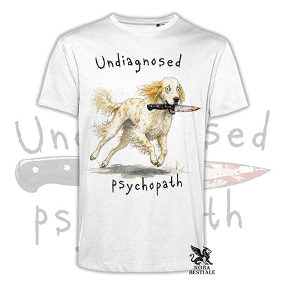 T-shirt bianca stampata con un Setter Inglese che tiene un coltello tra i denti. Grafica originale Roba Bestiale, collezione Psychopath