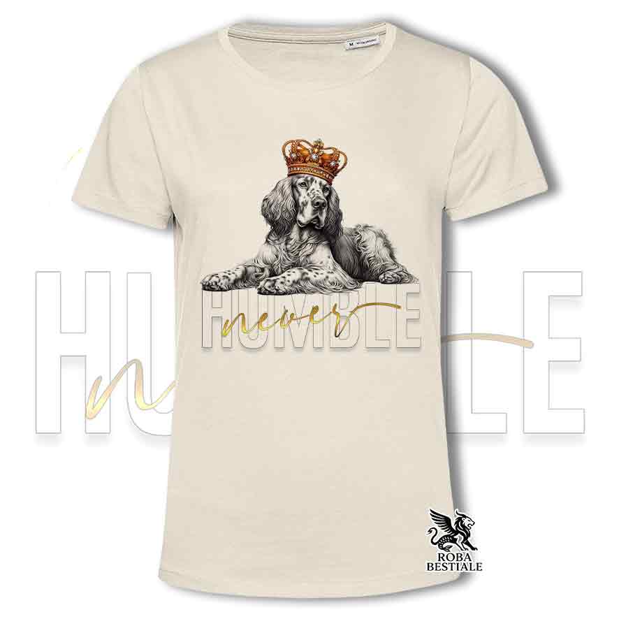 T-shirt beige stampata con un Setter Inglese, grafica Never Humble