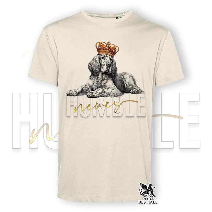 T-shirt beige stampata con un Setter Inglese, grafica Never Humble