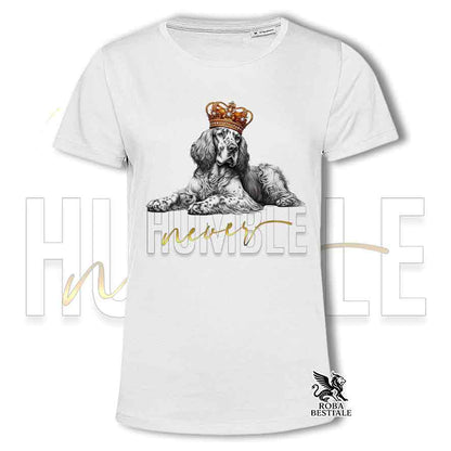 T-shirt bianca stampata con un Setter Inglese, grafica Never Humble