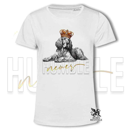 T-shirt bianca stampata con un Setter Inglese, grafica Never Humble
