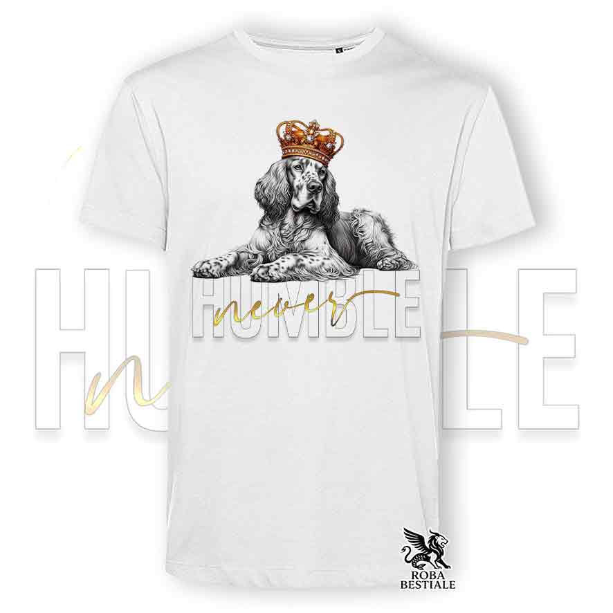 T-shirt bianca stampata con un Setter Inglese, grafica Never Humble