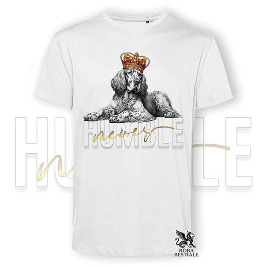 T-shirt bianca stampata con un Setter Inglese, grafica Never Humble