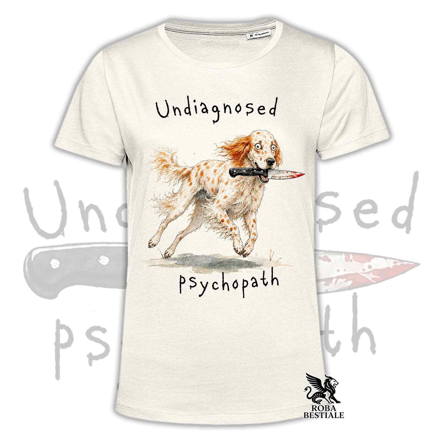 T-shirt beige stampata con un Setter Inglese che tiene un coltello tra i denti. Grafica originale Roba Bestiale, collezione Psychopath