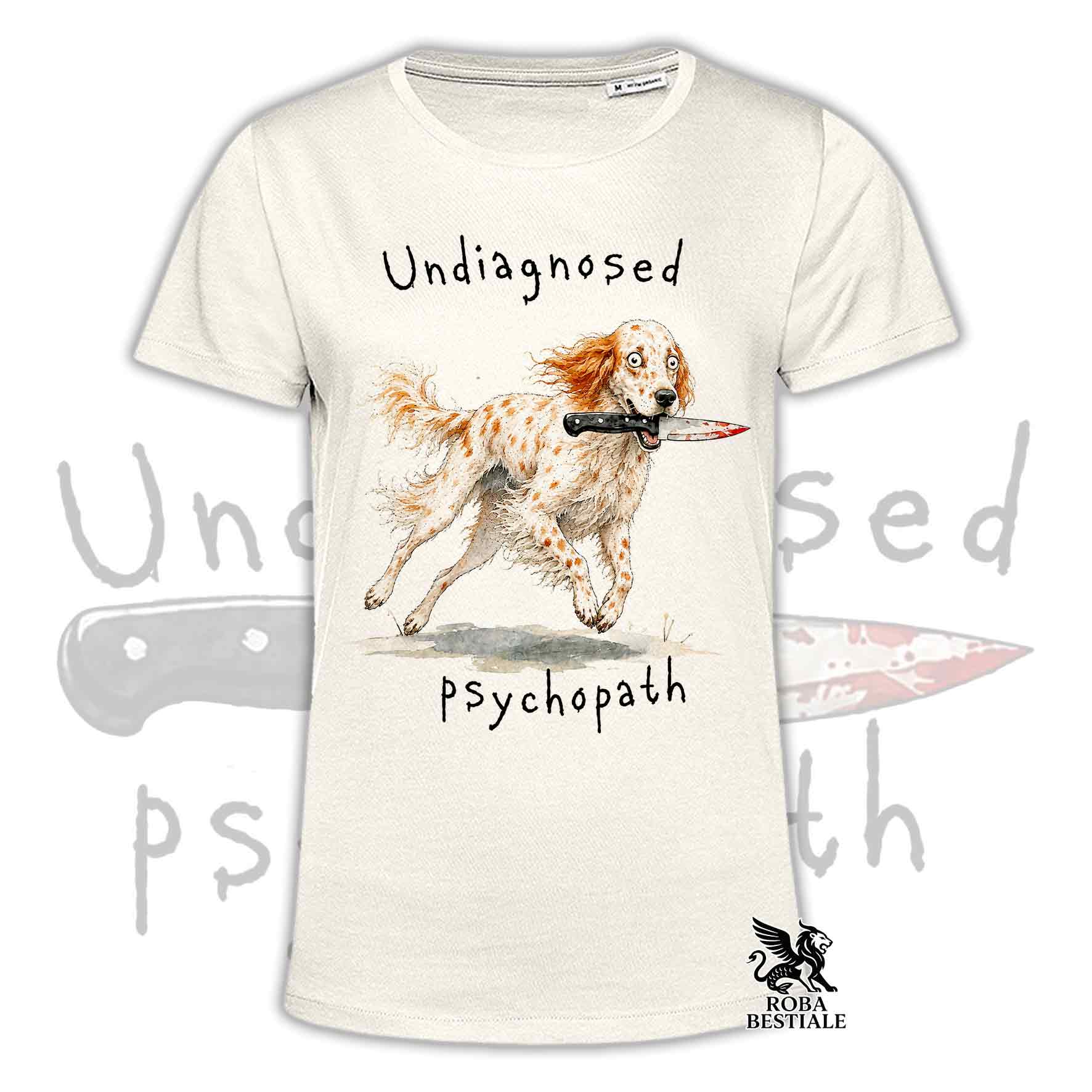 T-shirt beige stampata con un Setter Inglese che tiene un coltello tra i denti. Grafica originale Roba Bestiale, collezione Psychopath