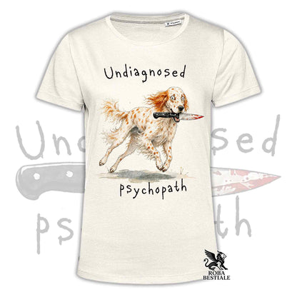 T-shirt beige stampata con un Setter Inglese che tiene un coltello tra i denti. Grafica originale Roba Bestiale, collezione Psychopath