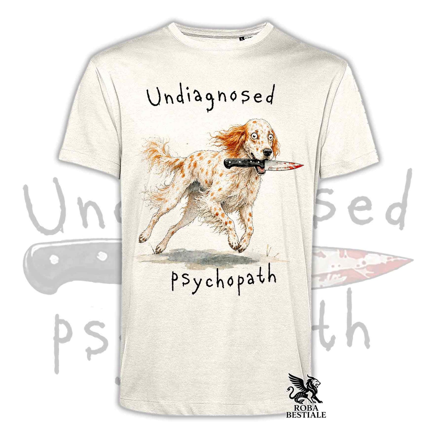 T-shirt beige stampata con un Setter Inglese che tiene un coltello tra i denti. Grafica originale Roba Bestiale, collezione Psychopath