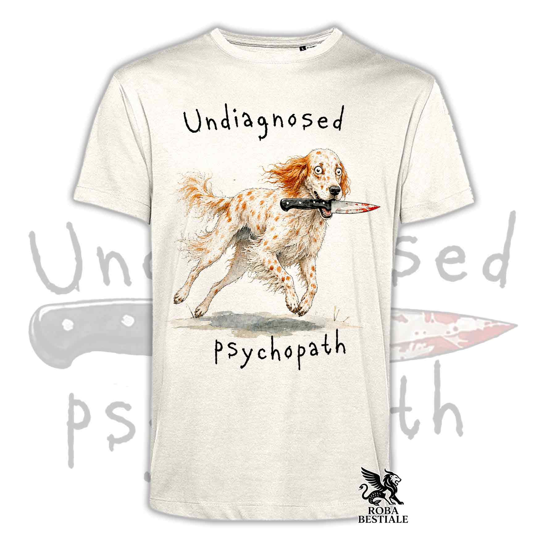 T-shirt beige stampata con un Setter Inglese che tiene un coltello tra i denti. Grafica originale Roba Bestiale, collezione Psychopath