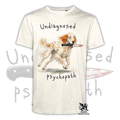 T-shirt beige stampata con un Setter Inglese che tiene un coltello tra i denti. Grafica originale Roba Bestiale, collezione Psychopath