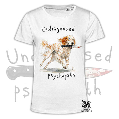 T-shirt bianca stampata con un Setter Inglese che tiene un coltello tra i denti. Grafica originale Roba Bestiale, collezione Psychopath