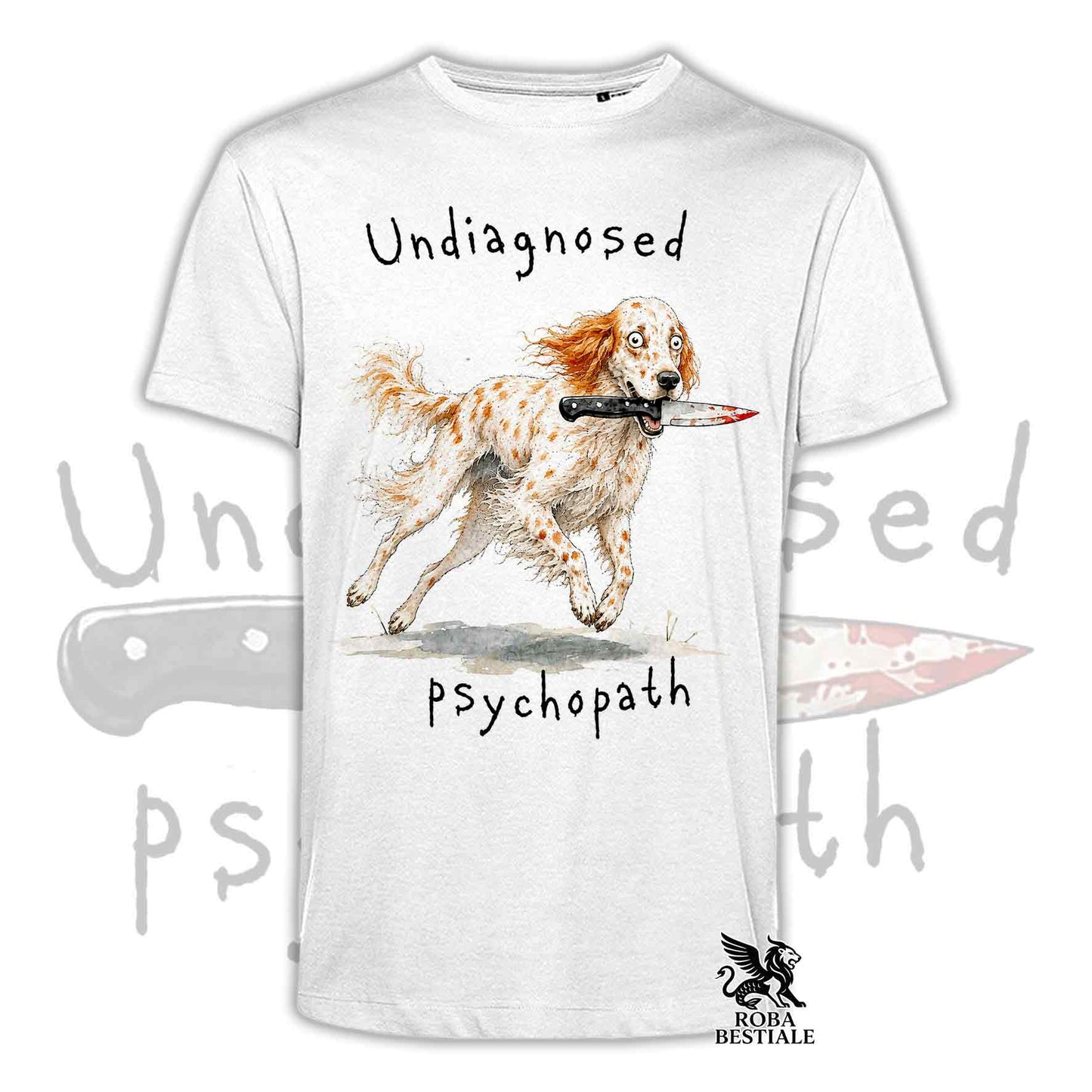 T-shirt bianca stampata con un Setter Inglese che tiene un coltello tra i denti. Grafica originale Roba Bestiale, collezione Psychopath