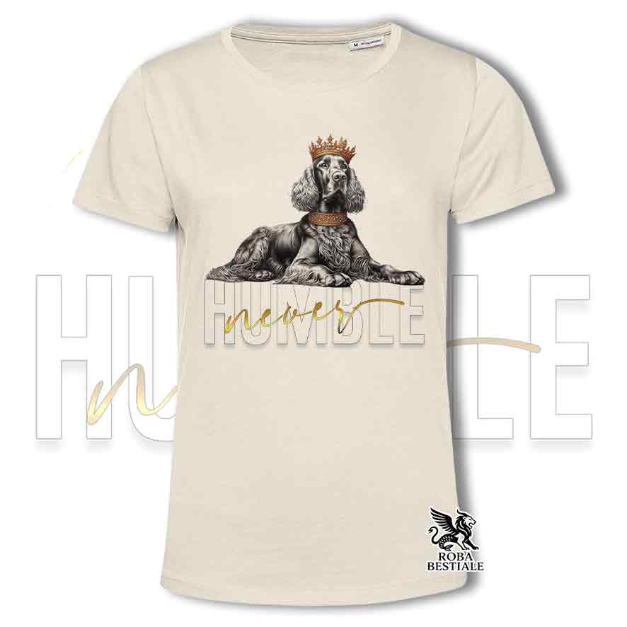 T-shirt beige stampata con un Setter Irlandese, grafica Never Humble
