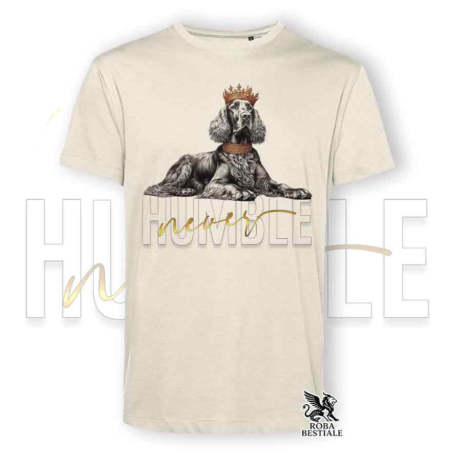 T-shirt beige stampata con un Setter Irlandese, grafica Never Humble
