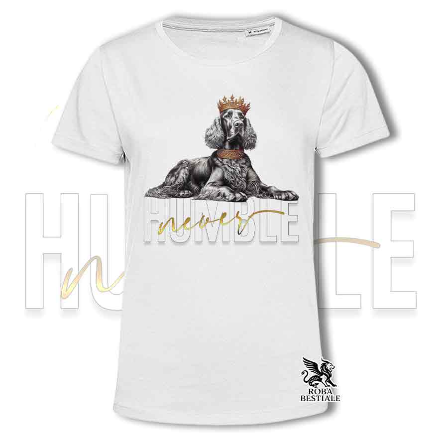 T-shirt bianca stampata con un Setter Irlandese, grafica Never Humble