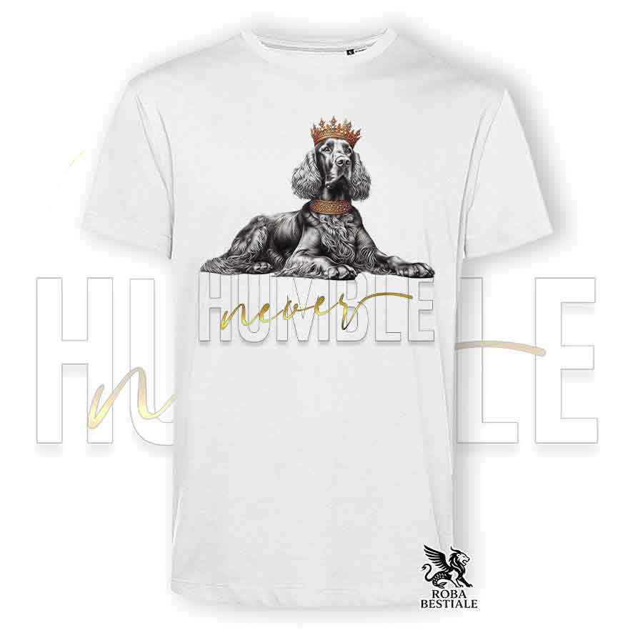 T-shirt bianca stampata con un Setter Irlandese, grafica Never Humble