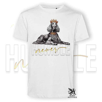 T-shirt bianca stampata con un Setter Irlandese, grafica Never Humble
