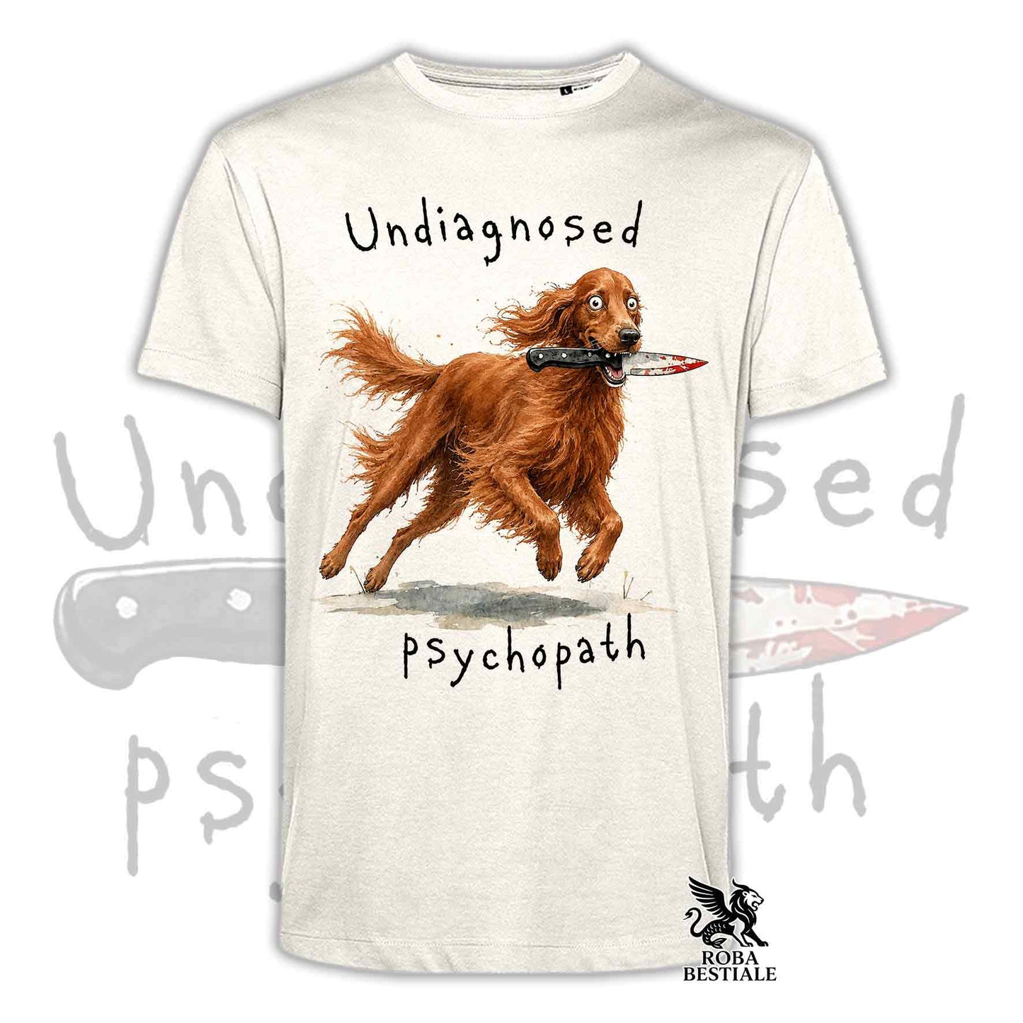 T-shirt beige stampata con un Setter Irlandese che tiene un coltello tra i denti. Grafica originale Roba Bestiale, collezione Psychopath