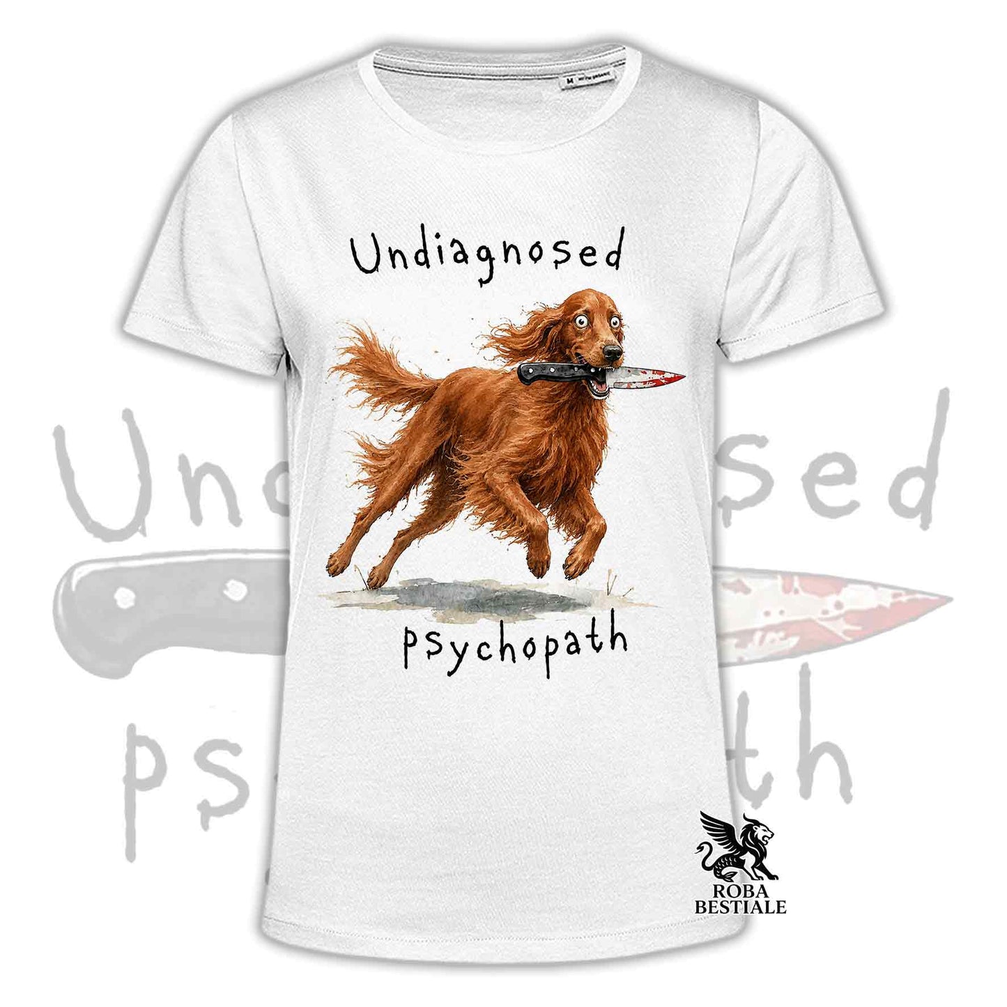 T-shirt bianca stampata con un Setter Irlandese che tiene un coltello tra i denti. Grafica originale Roba Bestiale, collezione Psychopath