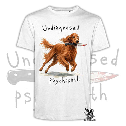 T-shirt bianca stampata con un Setter Irlandese che tiene un coltello tra i denti. Grafica originale Roba Bestiale, collezione Psychopath