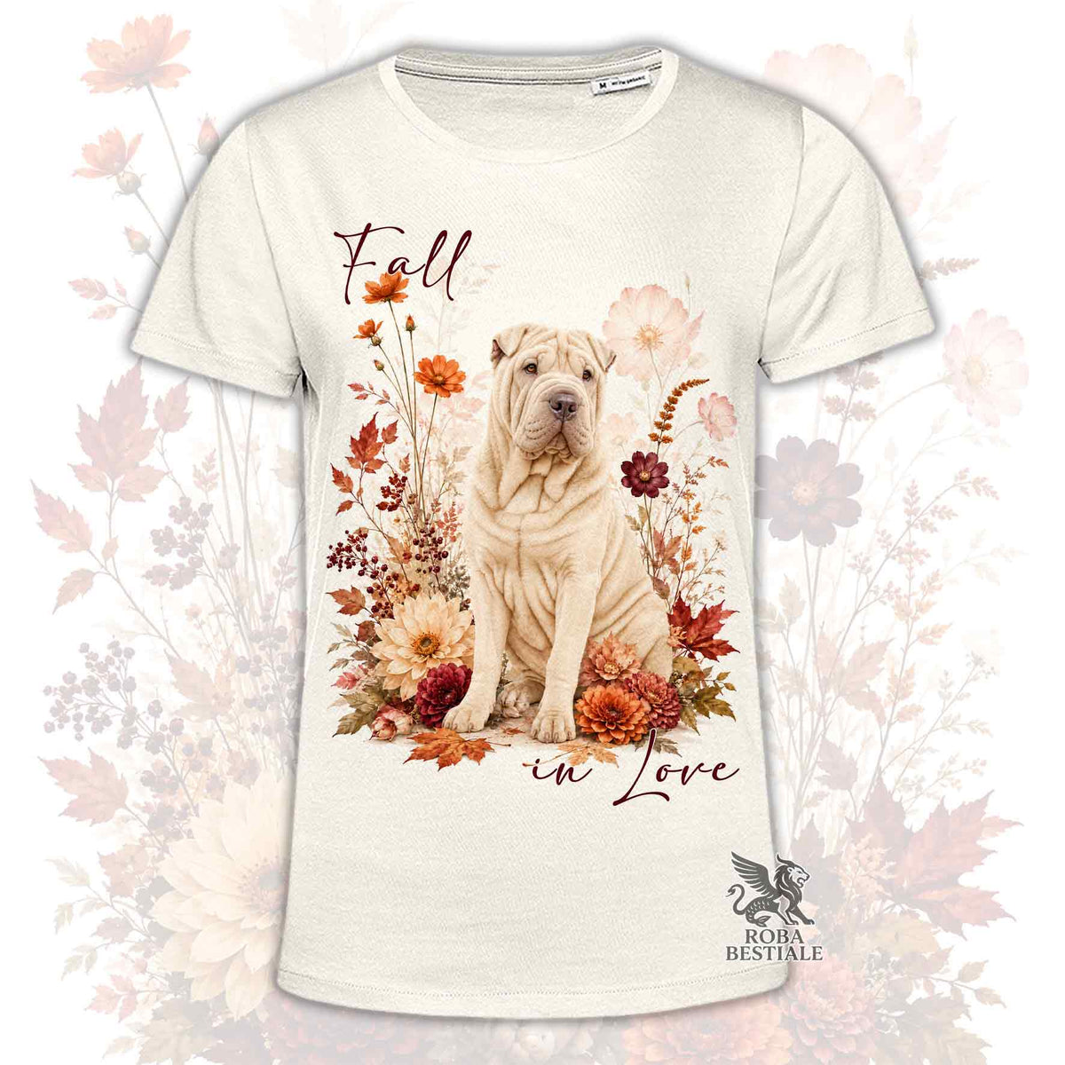 T-shirt crema girocollo con stampa “Fall in Love” e bouquet d’autunno con Shar Pei