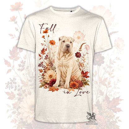 T-shirt crema con stampa centrale di Shar Pei tra fiori e foglie d’autunno