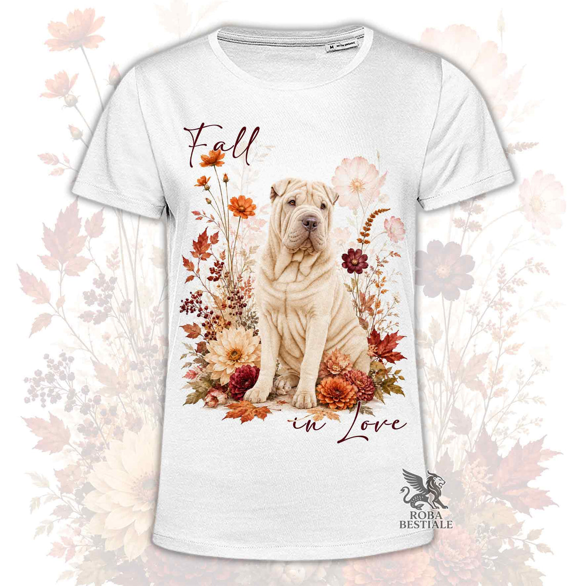 T-shirt crema con stampa “Fall in Love” e cane Shar Pei, maniche e orlo classici