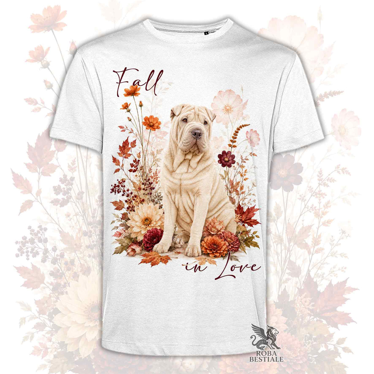 T-shirt crema a maniche corte con stampa autunnale e Shar Pei, girocollo
