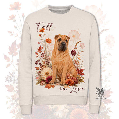 Felpa girocollo beige con stampa cane e fiori d’autunno, polsini e bordo in maglia.