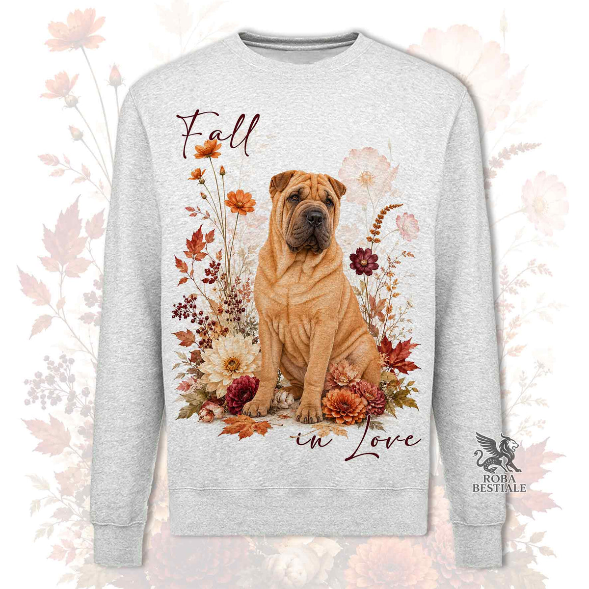 Felpa girocollo grigio mélange con stampa cane e fiori d’autunno, polsini e bordo.