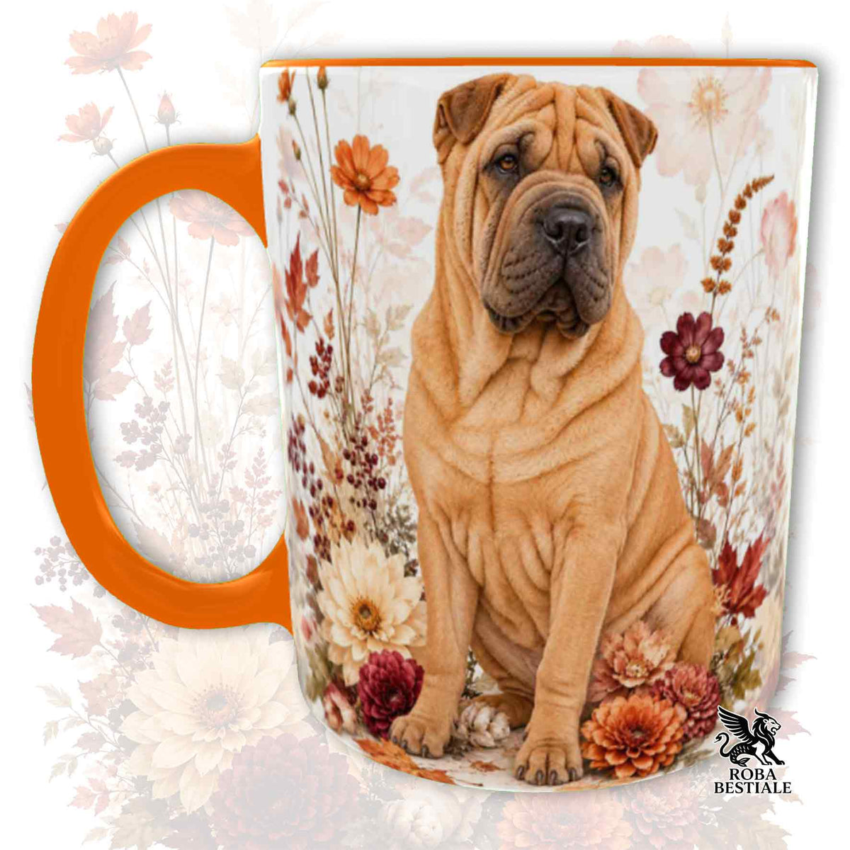 Tazza in ceramica con cane Shar Pei fulvo e fiori, manico arancione.