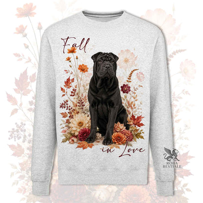 Felpa girocollo grigio mélange con stampa cane nero, fiori autunnali e Fall in love