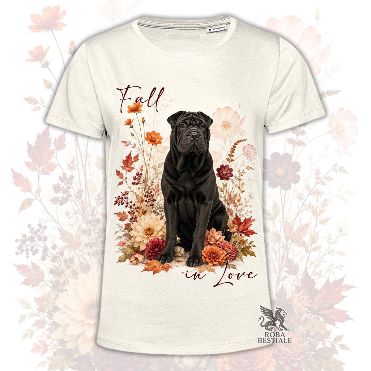 T-shirt bianca con stampa cane Shar Pei nero e bouquet fiori; logo "ROBA BESTIALE".