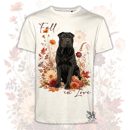 T-shirt bianca con cane Shar Pei nero seduto tra fiori, scritta "Fall" e "in Love".