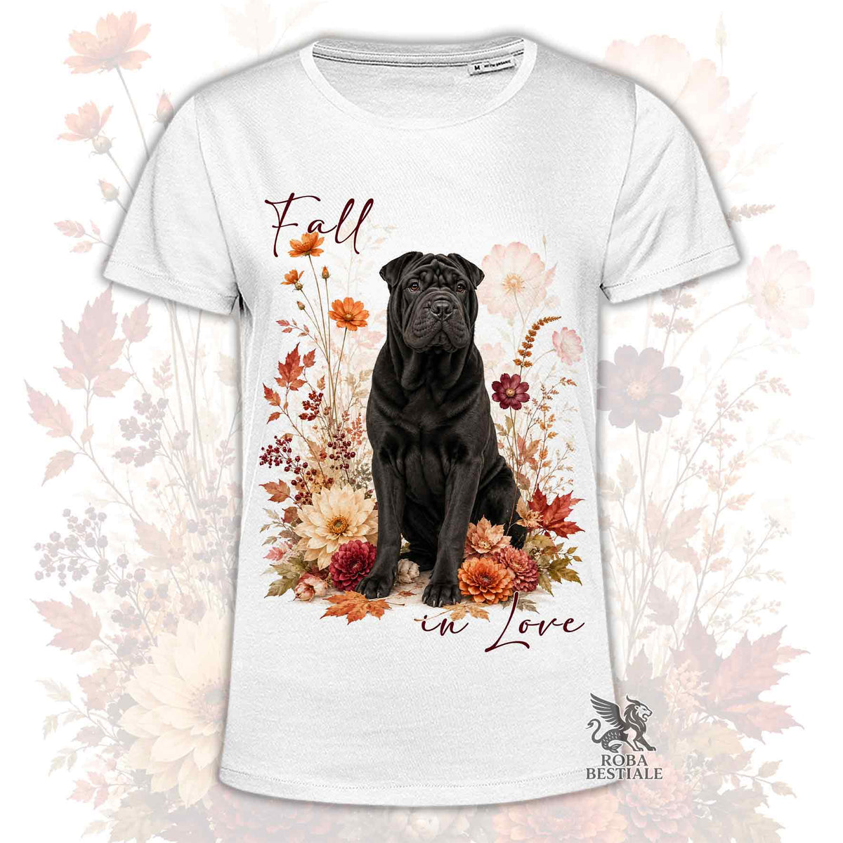 T-shirt bianca con stampa cane Shar Pei nero e fiori autunnali, scritta "Fall".