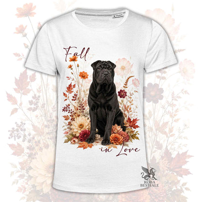 T-shirt bianca con stampa cane Shar Pei nero e fiori autunnali, scritta "Fall".