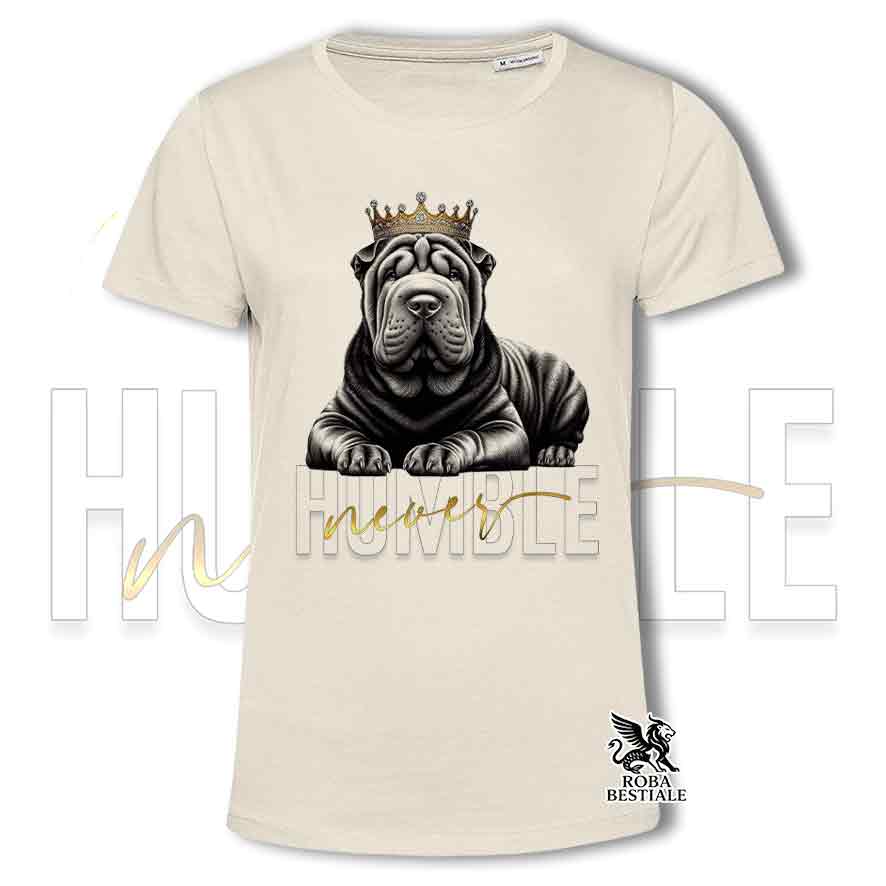T-shirt beige stampata con uno Shar Pei, grafica Never Humble