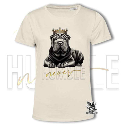 T-shirt beige stampata con uno Shar Pei, grafica Never Humble