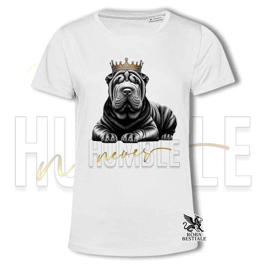 T-shirt bianca stampata con uno Shar Pei, grafica Never Humble