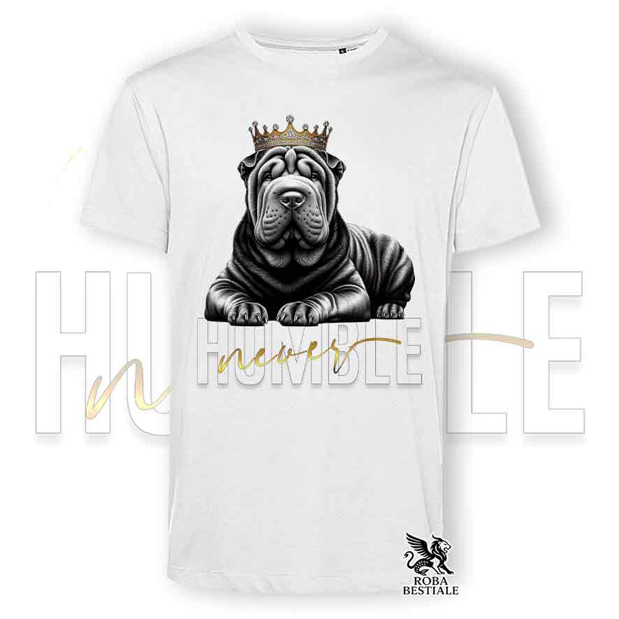 T-shirt bianca stampata con uno Shar Pei, grafica Never Humble