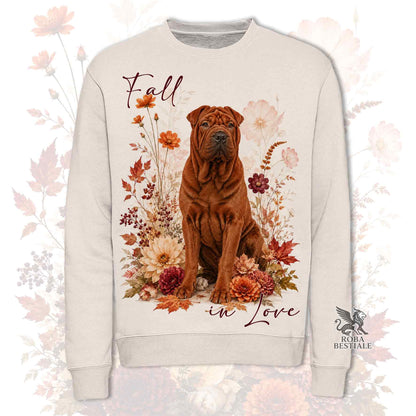 Felpa girocollo beige con stampa cane SHAR PEI e fiori autunnali