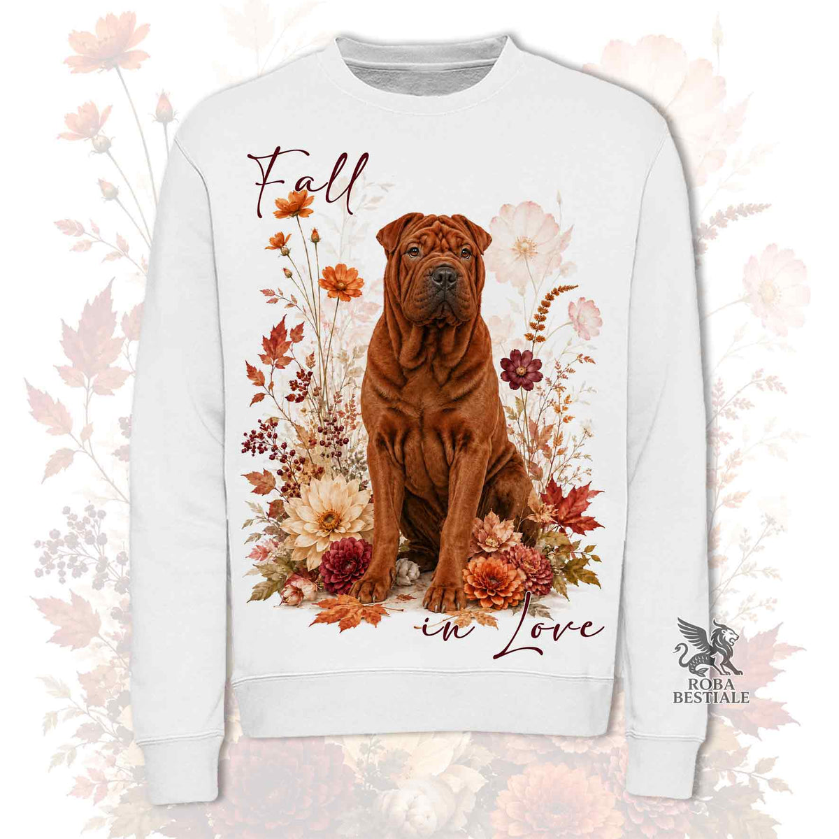 Felpa girocollo bianca con stampa cane SHAR PEI e fiori autunnali